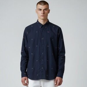 Ted Baker‎ Dress Shirt Mens XL Navy Blue Button Up Embroidered Car Bunny